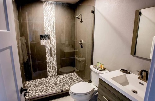 Medford Apartment | 1 bedroom with king-size bed and one bathroom and Murphy Bed in the living room.