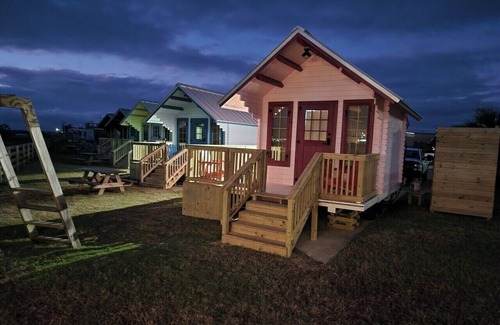 Port Bolivar House | "Barbie" Bunkie adorable beach tiny home, Barbie Bunkie beach glamping cabin