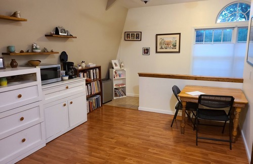 Redding Ridge Apartment | Bedroom, bathroom with beautiful shower, second room with work or eating area.