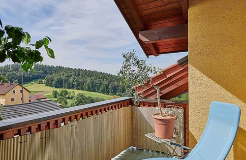 Hartmannsreut Apartment | Far-reaching views & well-being Roof terrace with mountain panorama, exposed roof truss & pure nature