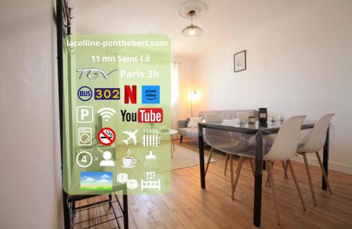 Pont-Hebert Apartment | Lacolline-ponthebert,com - Appartement Entier Rénové -Grand Parking gratuit, Tout équipé, Confortable, Netflix et Amazon Prime Gratuits et Illimités, Matelas Emma, Lave Linge, Vue sur la Vallée, RDC