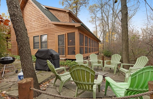 Saugatuck Cabin | Log Cabin-Style Home with Private Hot Tub and Close Proximity to the Lake