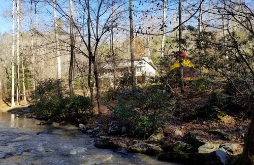 Ellijay Cabin | Mountain Resort Cabin, Private, screened porch overlooking wide peaceful creek.
