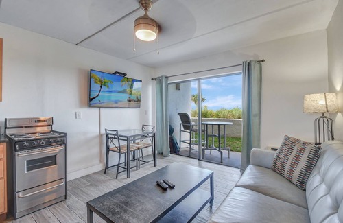Crescent Beach Condo | Ocean Front Condo With Heated Pool outdoor patio overlooking the Ocean