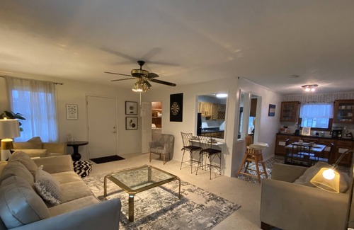 Bloomington House | Pet friendly, spacious single level black and white themed home. Cozy Fireplace!