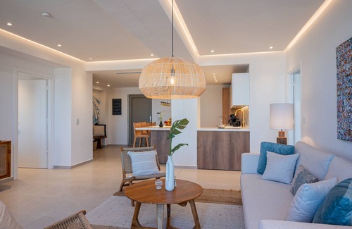 Kalyves Apartment | Rhadamanthus, AmphiMatrion Luxe Seaview Apt with private hot tub and shared pool