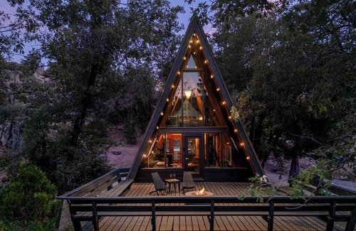 Arrowbear Lake Cabin | Romantic A-Frame Cabin w/Hot Tub, Fire Pit, Boulders, Fireplace, Hiking, BBQ