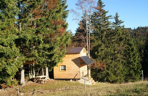 Bellecombe Cabin | Self-contained cabin perched on stilts in the vegetation, Haut Jura, 1250m alt.