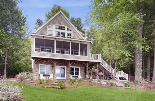 New Hampton House | Spectacular lakefront home w/private dock, beach, swim platform, gazebo & porch