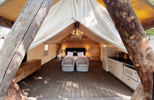 Shell Knob Cottage | The Henry Glamping Tent with Boat Dock at Rod N Reel Resort