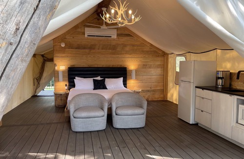 Shell Knob Cottage | The Henry Glamping Tent with Boat Dock at Rod N Reel Resort