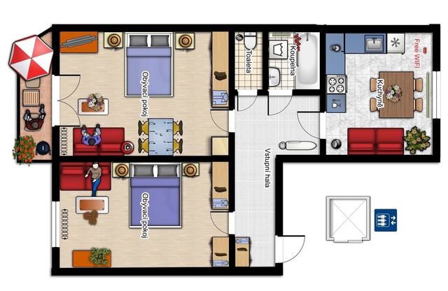 Apartment with 2 rooms, kitchen and bathroom