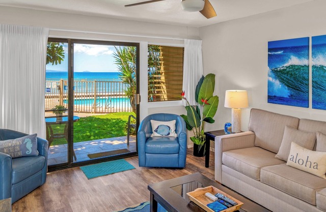 Hawaiian-inspired condo with ocean and pool views