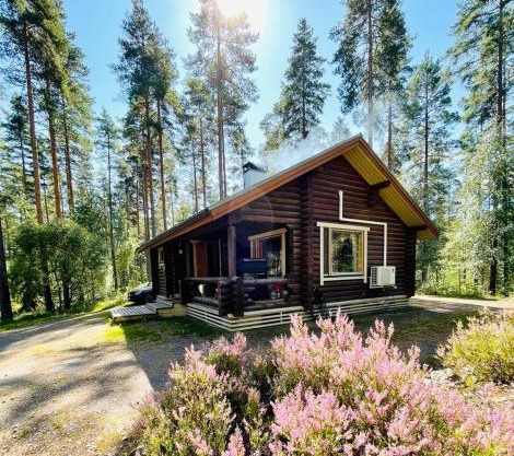 Mökki saunalla mäntymetsässä