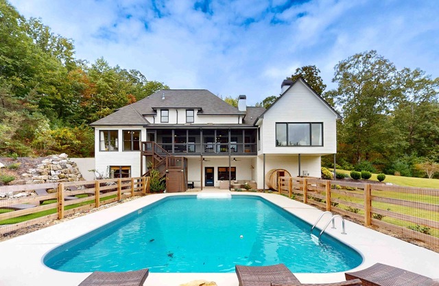 Serene mountain view home with private pool, firepit, dry sauna, & AC