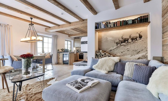 Frasdorf Apartment | Alpenglühen-chalet-suite 90m², 2 Schlafzimmer, Wohnraum mit Küche und Bad mit Sauna