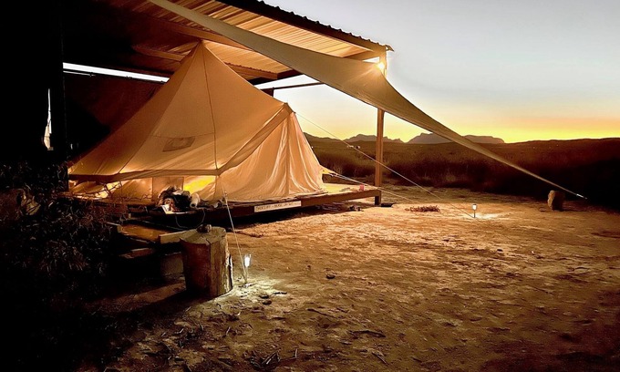 Alpine RV Rental | Amazing cozy, rustic open air Glamp tent under shade with WiFi, walk in fire pit