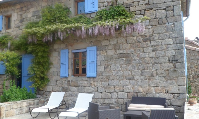 Faugeres Cottage | Charming rental (wifi) stone house with terrace and magnificent view