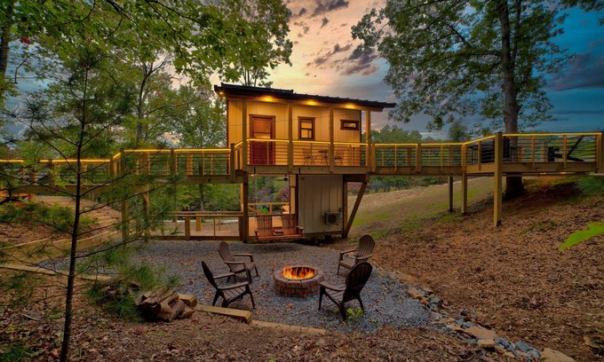 Morganton Cabin | Cozy Treehouse w/Hot Tub, Fire Pit, Steps to Blue Ridge Lake, Dog Friendly