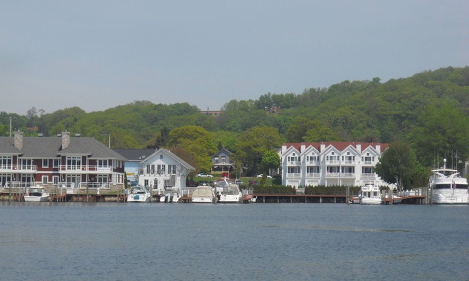 Frankfort House | Enjoy a view of Betsie Bay from your studio suite a block from Lake Michigan