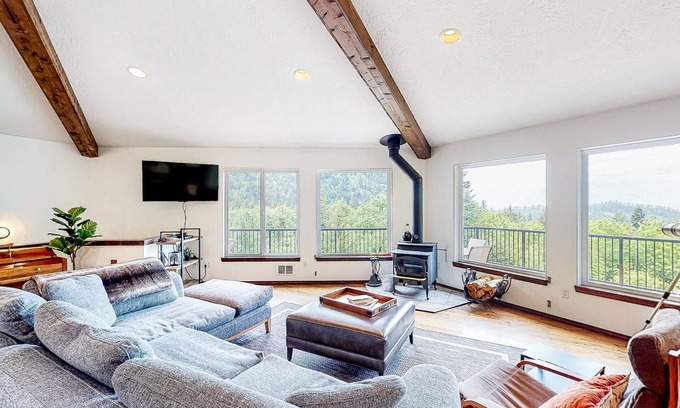 Port Angeles House | Idyllic home with water views, wrap-around deck, hot tub, and firepit - dogs ok