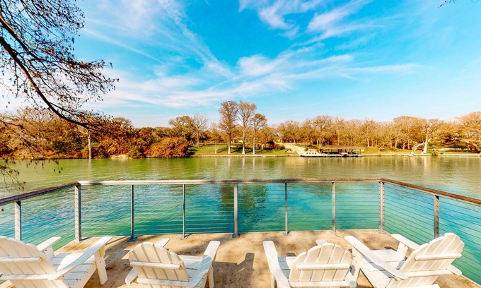 McQueeney House | Lakefront home with hot tub, dock, kayaks, central AC, & great lake views