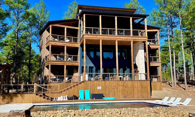 Pickens Cabin | PRIVATE POND! Private heated pool! 6 king suites & bunk room.Sleeps 30.Brand New