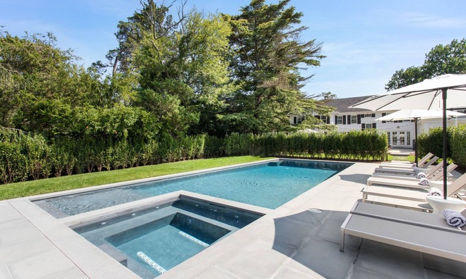 Bellport House | Resort-Style Bellport Estate | Pool/Spa, Sauna, Fire Pit, Game Room | Near Beach
