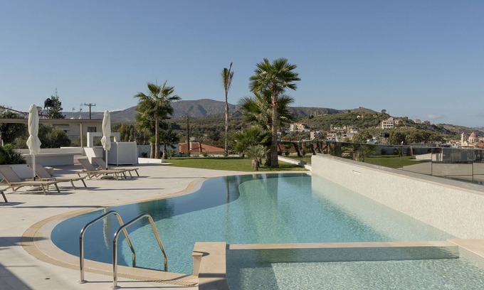 Kalyves Apartment | Rhadamanthus, AmphiMatrion Luxe Seaview Apt with private hot tub and shared pool