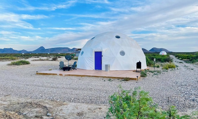 Terlingua RV Rental | Southern Boho inspired Geodesic Dome nestled up next to Big Bend National Park.