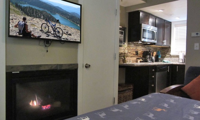 Lakeside Park Cabin | Studio with larger kitchenette, fireplace, and nearby attractions