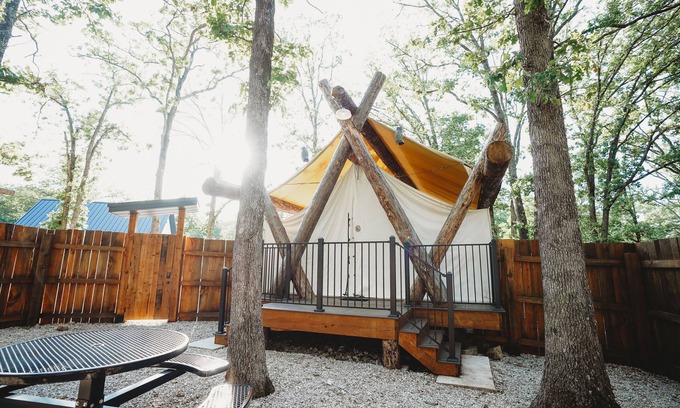 Shell Knob Cottage | The Henry Glamping Tent with Boat Dock at Rod N Reel Resort