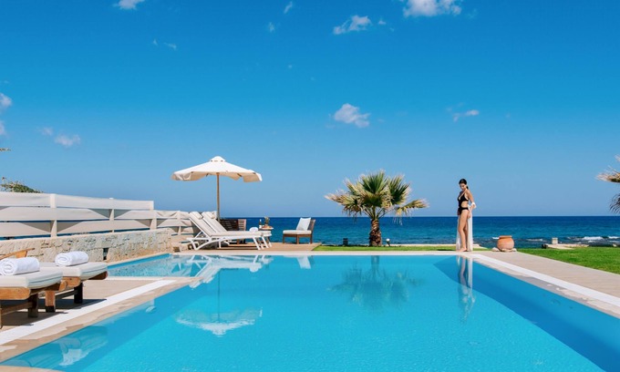 Hersonissos Centre Villa | Unique beachfront location, heated pool with built-in hydromassage, large garden