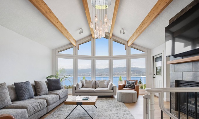 Southwest Mission House | Upscale home with gorgeous lake views, private hot tub, fireplace & firepit