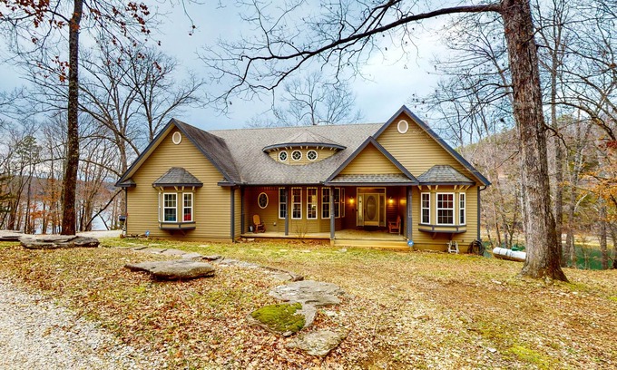 Eureka Springs House | Vintage 2-story lakefront home with fireplace, pellet smoker, firepit & decks