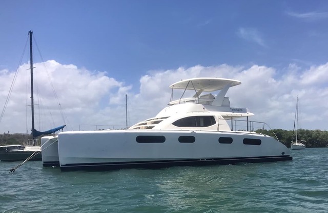 Twin Spirit 48’ Power Catamaran surrounded by water!